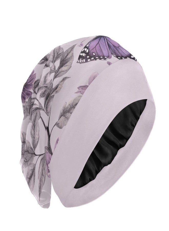 ElliTarr Beanie Hat Satin Bonnet Lined Sleep Cap Hair Wrap Cover Slouchy Beanie for Curly Hair Protection for Gifts for Men Women Pastel Purple Butterflies and Vintage Flowers - Image 1